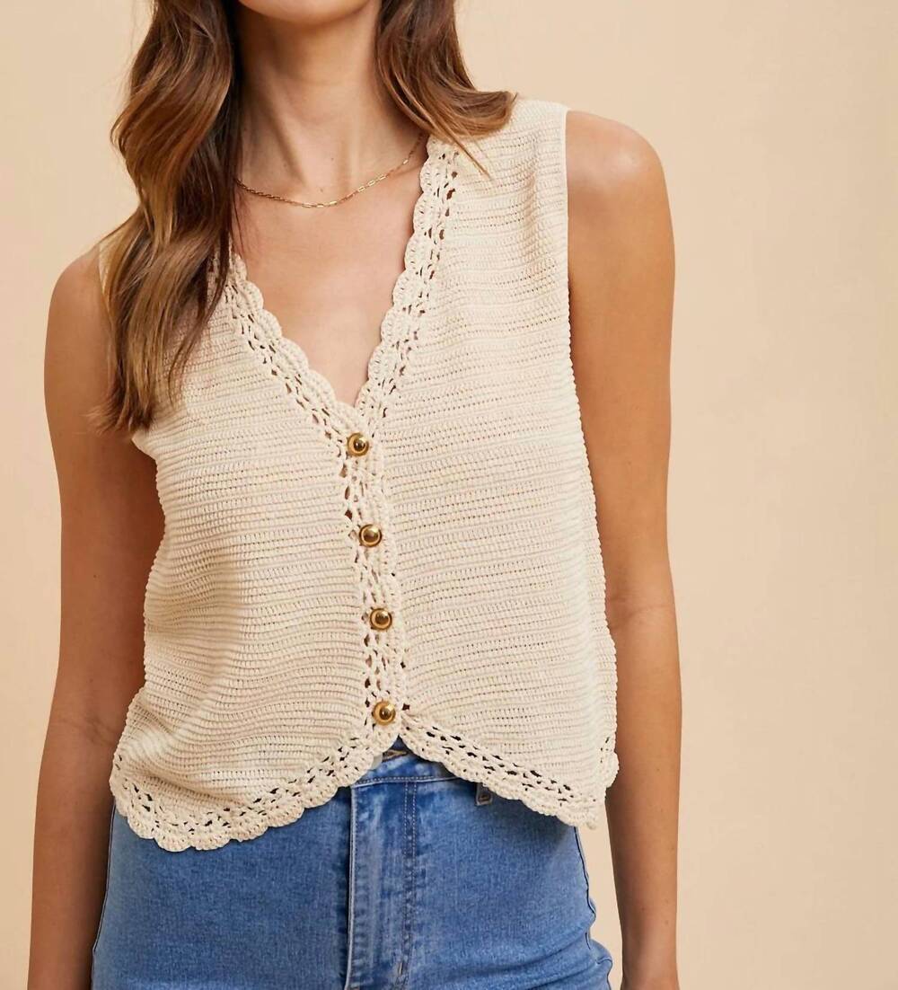 NEW ANNIEWEAR crochet trimmed button down vest in oatmeal